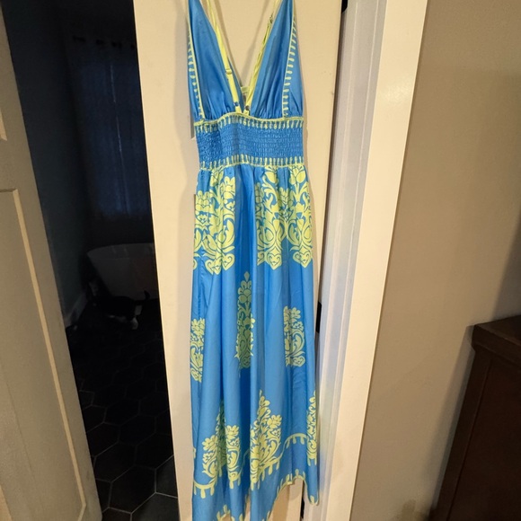 Blue and Lime spaghetti strap V-Neck Maxi Dress - Picture 2 of 5